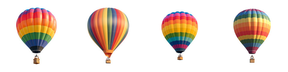 Colorful hot air balloons in various designs float against clear sky, creating vibrant and cheerful atmosphere