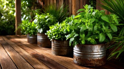 A collection of lush mint plants elegantly arranged in rustic, weathered cans on a wooden deck, showcasing a charming outdoor theme perfect for gardening enthusiasts and chefs.