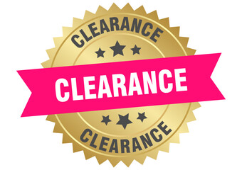 clearance. clearance round pink and gold label isolated on transparent background