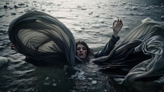 drowning underwater Distressed Woman Struggling in Cold, Icy Water, Seeking Help