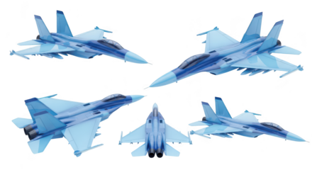 A fleet of blue fighter jets in various angled views isolated on a white background for design or illustration purposes