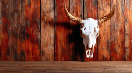 A striking bull skull mounted on a weathered wooden wall, combining elements of rustic art and wildlife, making a bold statement in any room or artistic collection.