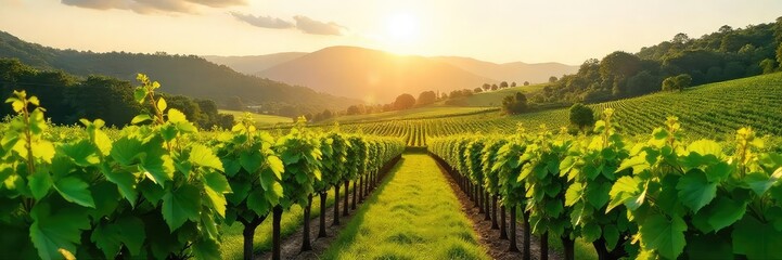 Fototapeta premium Lush green vineyard landscape at a winery, bathed in sunlight Rolling hills, grapevines, and a serene atmosphere perfect for wine country imagery , leaves, refreshment, autumn