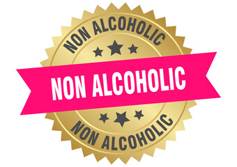 non alcoholic. non alcoholic round pink and gold label isolated on transparent background