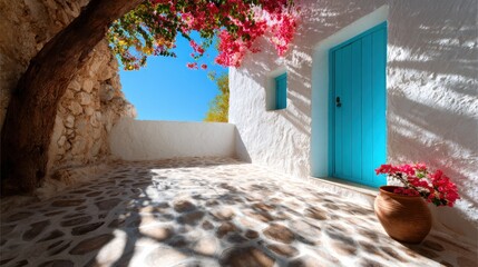 This image showcases a beautifully designed white wall adorned with vibrant bougainvillea and a striking blue door, creating a picturesque outdoor space full of charm.
