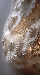 Intricate off-white lacework forms a luminous, flower-shaped sculpture, backlit to highlight its delicate, layered texture and three-dimensional floral motifs