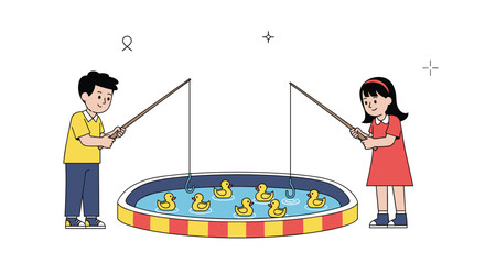 Children enjoying a fun duck fishing game at an outdoor carnival event