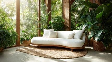 An inviting indoor space featuring a sleek white couch amidst vibrant green plants, creating a refreshing atmosphere filled with natural light and a sense of rejuvenation.