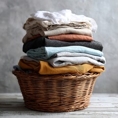 Stack of neatly folded linen clothes in a wicker basket creating a cozy home atmosphere
