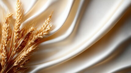 A captivating arrangement of golden wheat stalks resting gracefully on smooth, elegant satin fabric, emphasizing the contrast between organic textures and luxurious materials.