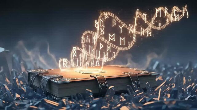 An ancient grimoire unleashes a glowing double helix of magical runes, symbolizing the secret code of life and arcane power.