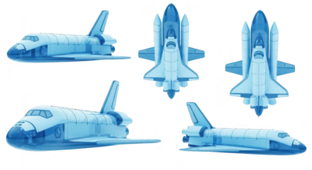 Several views of a blue spacecraft on a white background depicting various angles for educational or illustrative purposes
