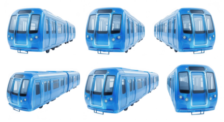 Multiple renderings of a modern blue passenger train in various angles isolated on white background for transportation design or infographic purposes