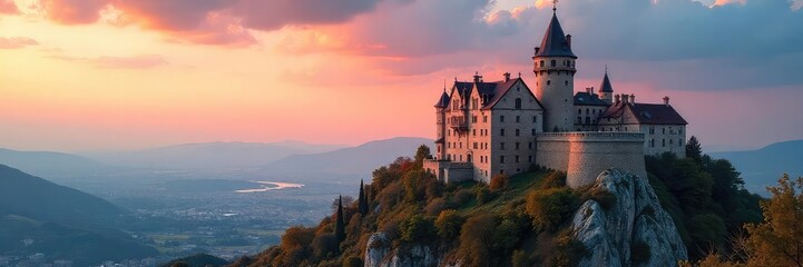 Fototapeta premium Majestic Turkish castle perched atop a hill, overlooking a sprawling landscape under a vibrant sky Ancient stones, intricate architecture, historical landmark, travel destination , trees, view