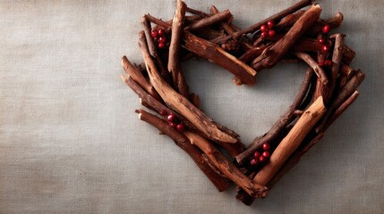 A heart shape crafted from rustic twigs adorned with vibrant red berries, symbolizing love and nature's beauty in a creative and heartfelt context.