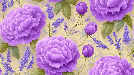 Seamless vintage flower, Pastel vintage lavender and cream floral design, perfect for backgrounds, textiles, or decor, featuring a delicate chaos pattern.