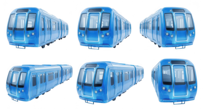 Multiple renderings of a modern blue passenger train in various angles isolated on white background for transportation design or infographic purposes