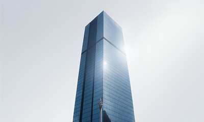 Obraz premium Modern Glass Skyscraper Reaching Towards the Sky with Sun Glare