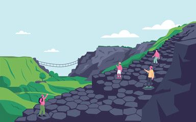 People Exploring Giant's Causeway and Carrick a Rede Rope Bridge