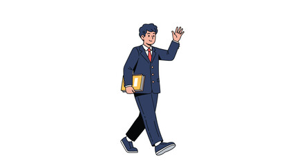 A businessman in a suit walking confidently holding a briefcase and waving his hand to the side