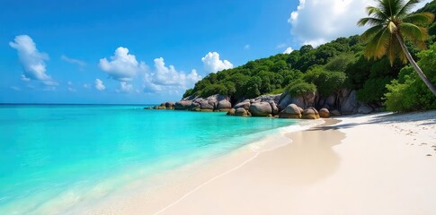 Obraz premium Secluded cove with pristine white sand, turquoise water lapping gently against the shore, untouched by human presence, perfect for relaxation and escape , nature, clouds, landscape