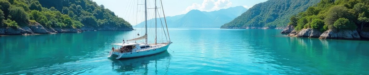 Fototapeta premium Serene anchored sailboat gently rocking in calm turquoise water, surrounded by idyllic scenery Perfect for travel, vacation, or nautical themes , boat, nature, anchor