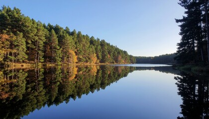 Fototapeta premium Tranquil reflection of an autumn forest on a glassy lake