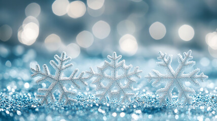 Snowflakes on snow with blurry background, winter background generated.AI