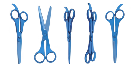 Five blue hair scissors display actions isolated on white showcasing hairstyling tools and their use