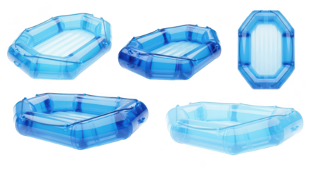 Multiple views of a blue inflatable boat displayed on a white background for recreational and water activities