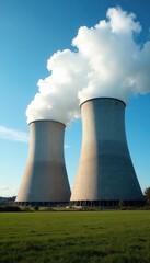 Giant cooling towers billowing white steam against a vibrant blue sky , emission, environment, white