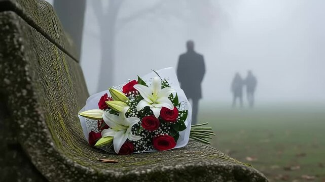 Flowers on park bench, sad remembrance