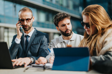 People collaborate on business projects outside an office building, showcasing teamwork and productivity. The image captures a work meeting with technology and discussions in a professional atmosphere