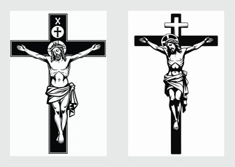 Religious Jesus Christ Cross Icon with Detailed Silhouette Vector Design

