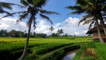 Serene Rice Paddies and Palm Trees under a Blue Sky