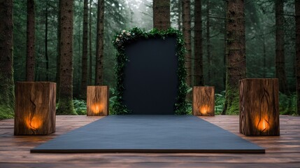 Elegant outdoor wedding ceremony setup with lush greenery and illuminated wooden pedestals in a serene forest setting