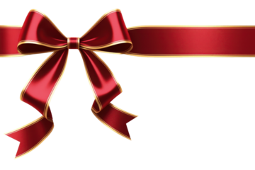 metallic shiny red ribbon bow with golden rim isolated on white or transparent png