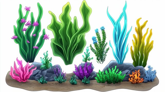 Colorful Seaweed and Aquatic Plants Illustration, Aquarium Decorative Elements, Marine Plant Collection for Education, Kids Book, Ocean Theme Design