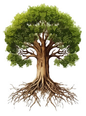 Lush Green Tree with Exposed Root System – Vector Illustration