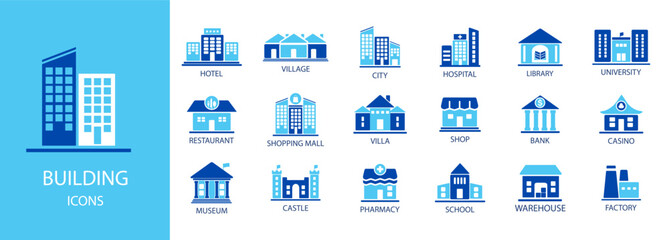 Set of building icons. Hotel, pharmacy, hospital, apartament, library, city, mall, collection. Simple vector illustration.