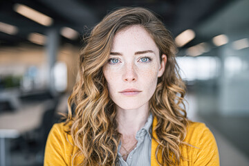 A confident young woman with curly blonde hair, freckles, and blue eyes, wearing a yellow jacket in a modern indoor setting.