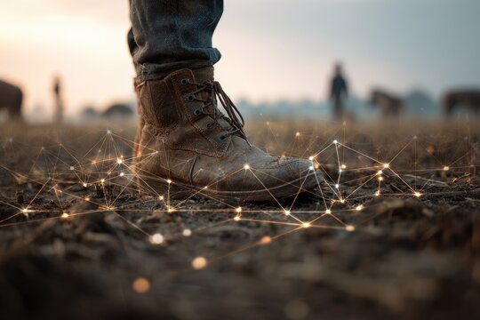 A person's foot in a boot on a field with a network overlay