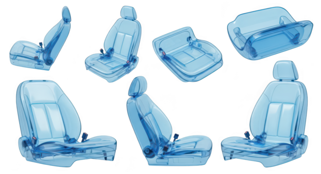 Automotive seats exploded views showing internal mechanisms with a transparent futuristic design set against a white background for product illustrations