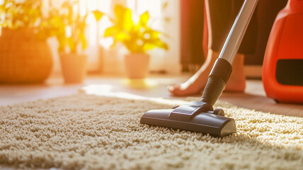 Close up of vacuuming carpet sunny light on background generated.AI