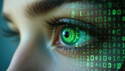 Obraz premium A closeup of an eye overlaid with a green binary code pattern