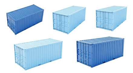 Assorted blue cargo containers presented in multiple angles isolated on a bright white background suitable for shipping storage and transportation imagery
