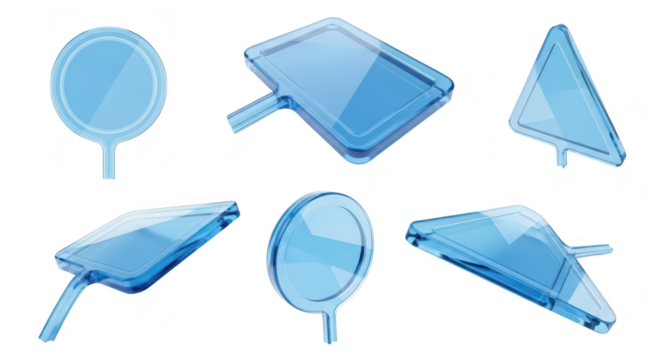 Transparent blue road signs displayed against a white backdrop showcasing various shapes used for design illustration and web graphics