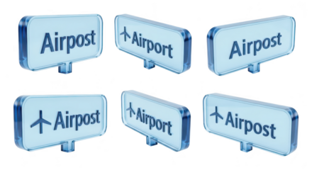 Rendered 3D airport signs with a plane icon arranged in multiple views on white background potentially used for wayfinding or travel design