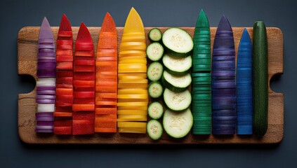 Rainbow of thinly sliced vegetables arranged on a wooden board, vibrant colors and precise cuts