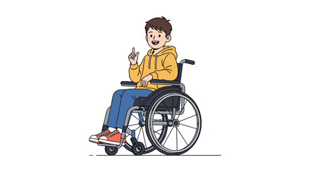 Obraz premium Excited young person with brown hair in a wheelchair wearing a yellow hoodie and blue jeans gesturing enthusiastically